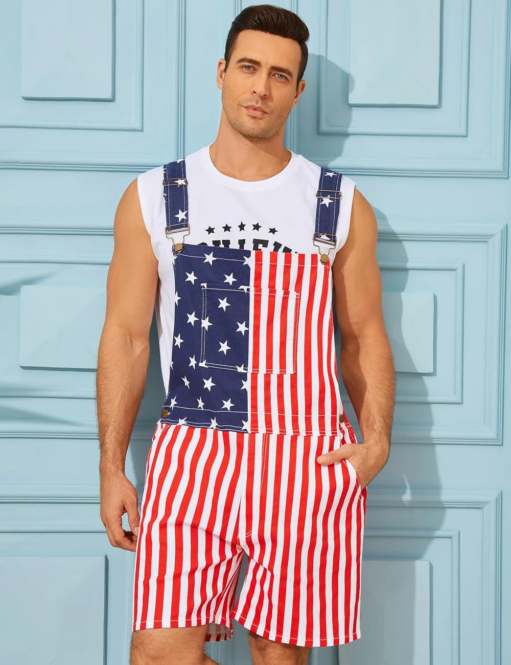American Flag Short Overalls