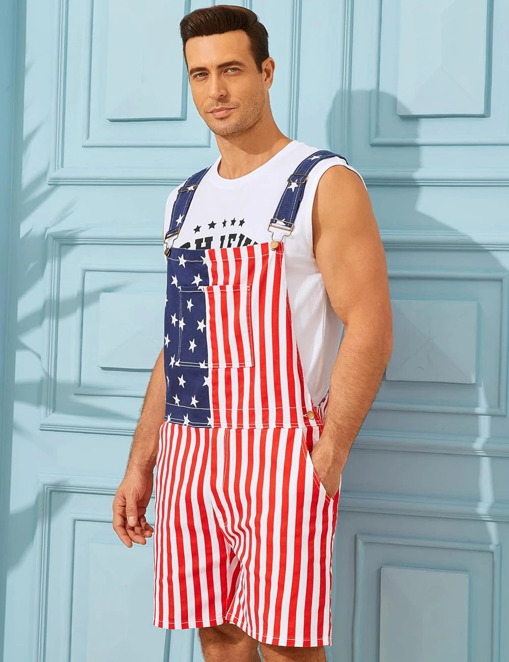 American Flag Short Overalls