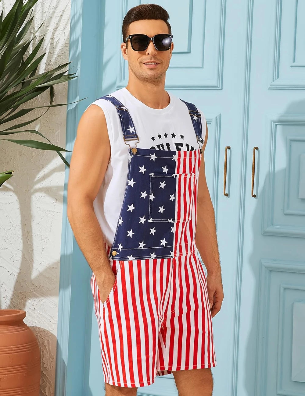 American Flag Short Overalls